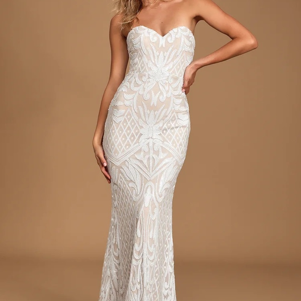 Lulu’s Olivia White Sequin Strapless Wedding Dress
